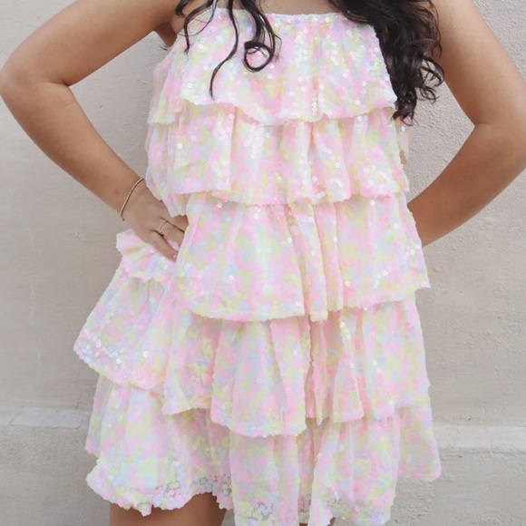 MABLE MARIAM MINI DRESS sequins ruffles sparkly size Small pink yellow pastel - Picture 2 of 15
